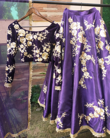 Purple floral lehnga - Agha Hassan