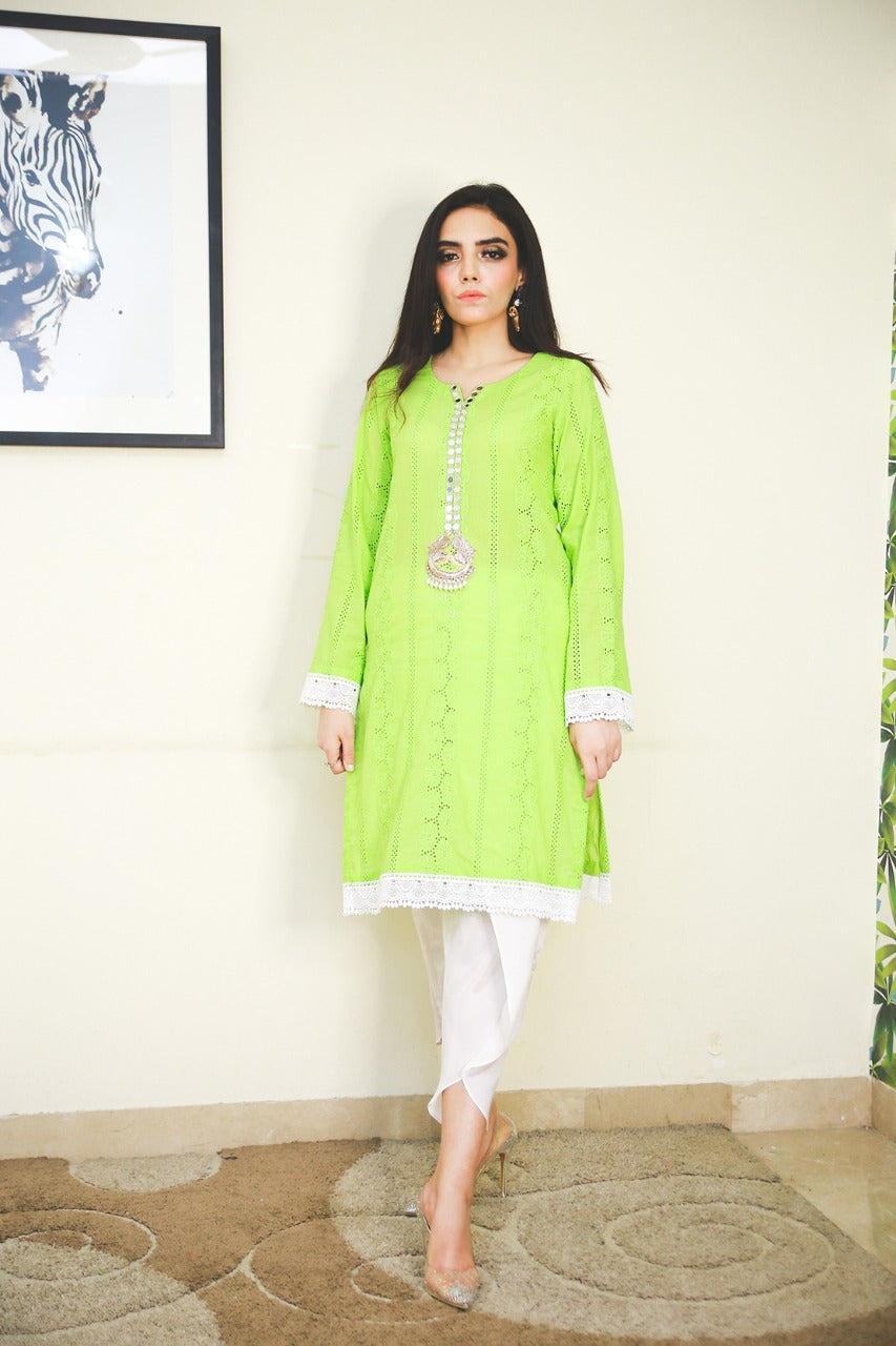 Green Rosette Chiken Kurta - Leon Pret by Leon