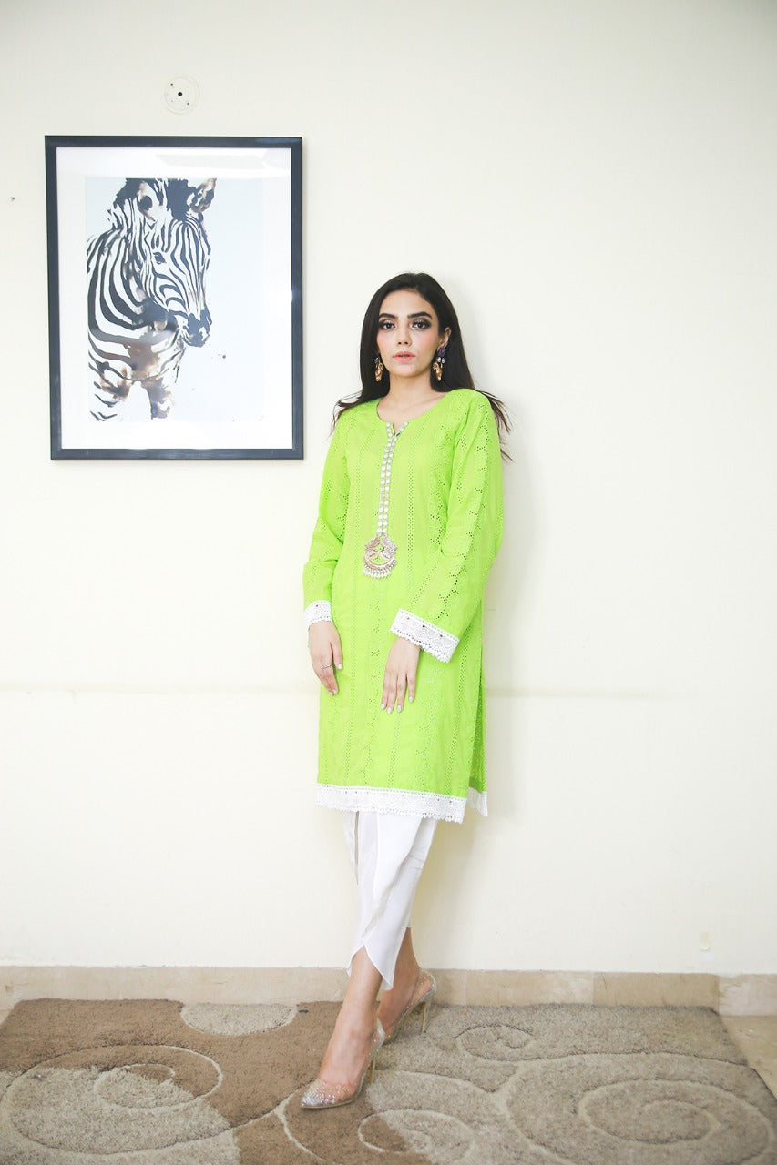 Green Rosette Chiken Kurta - Leon Pret by Leon