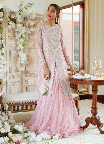 SIMONE SALMON PINK HEAVILY EMBELLISHED JACKET WITH TRIPLE LAYERED LEHNGA - Farah Talib Aziz