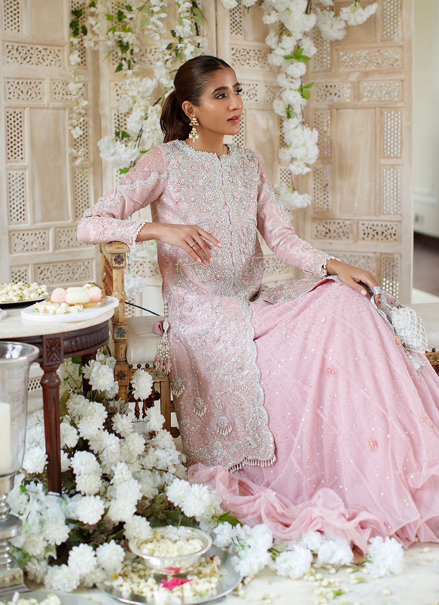 SIMONE SALMON PINK HEAVILY EMBELLISHED JACKET WITH TRIPLE LAYERED LEHNGA - Farah Talib Aziz