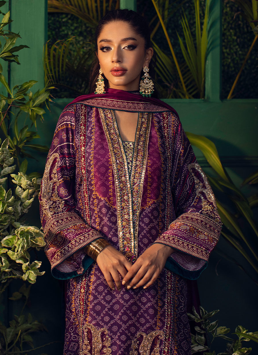 SETAREH PURPLE CHUNRI KURTA WITH PURE SILK OMBRE DUPATTA - Farah Talib Aziz