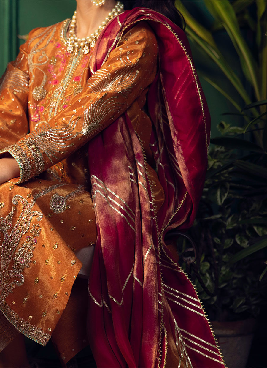 BAHAR BURNT ORANGE KURTA WITH PURE TISSUE OMBRE DUPATTA - Farah Talib Aziz