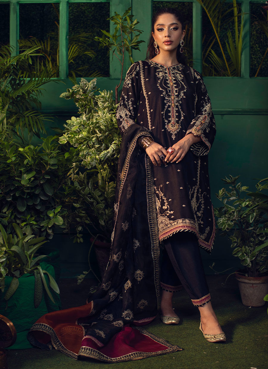 VIDA BLACK KURTA WITH BLACK ORGANZA EMBROIDERED DUPATTA - Farah Talib Aziz