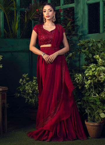 ROYA SCARLETT DRAPED LENGHA CHOLI - Farah Talib Aziz