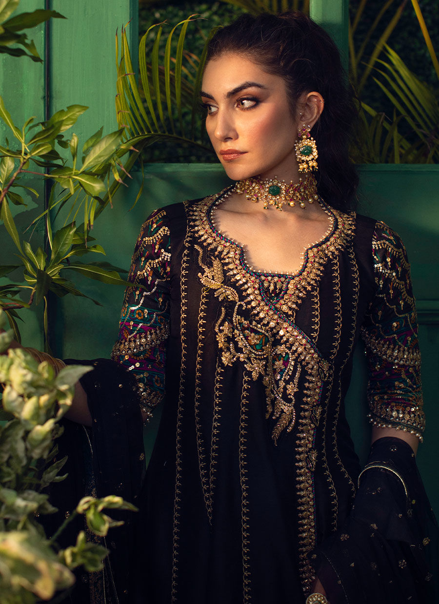 VEERA BLACK KALIDAAR ANGARKHA WITH SEQUENCE DUPATTA - Farah Talib Aziz