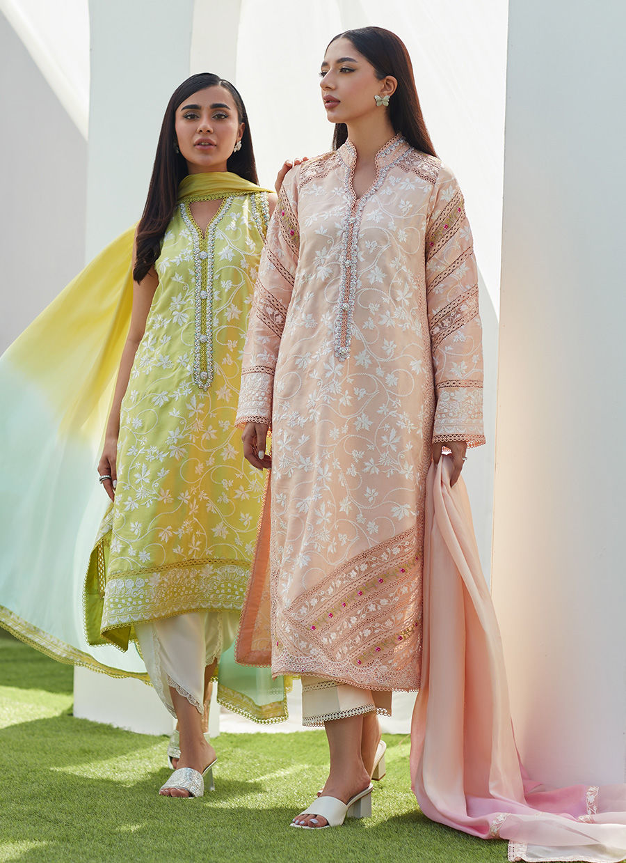 DAWN PEACH EMBROIDERED SILK SHIRT AND DUPATTA - Farah Talib Aziz