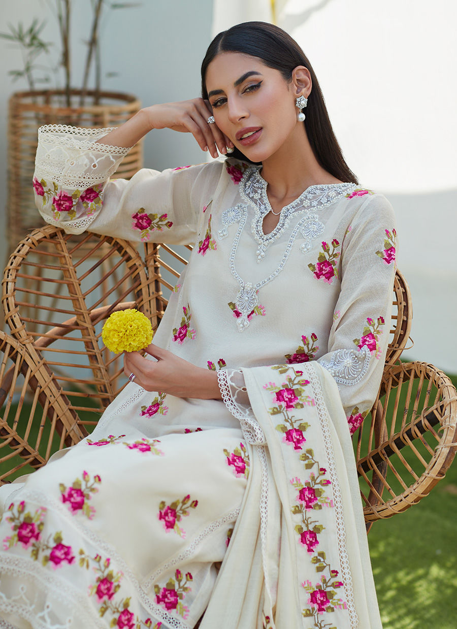 LGGY IVORY ROSE CROSS STITCH SHIRT AND DUPATTA - Farah Talib Aziz