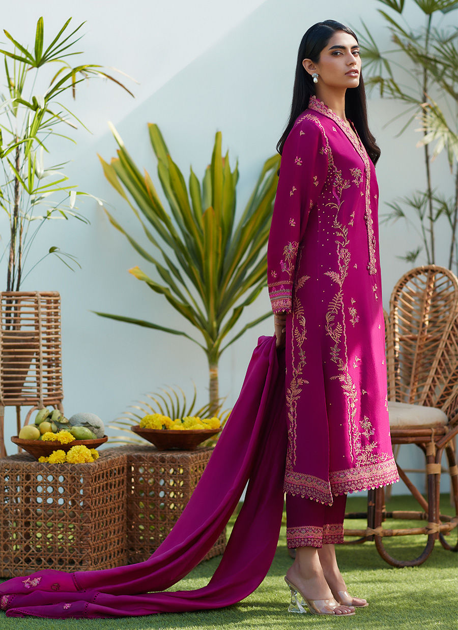 PRIM MAGENTA SILK EMBROIDERED SHIRT AND DUPATTA - Farah Talib Aziz