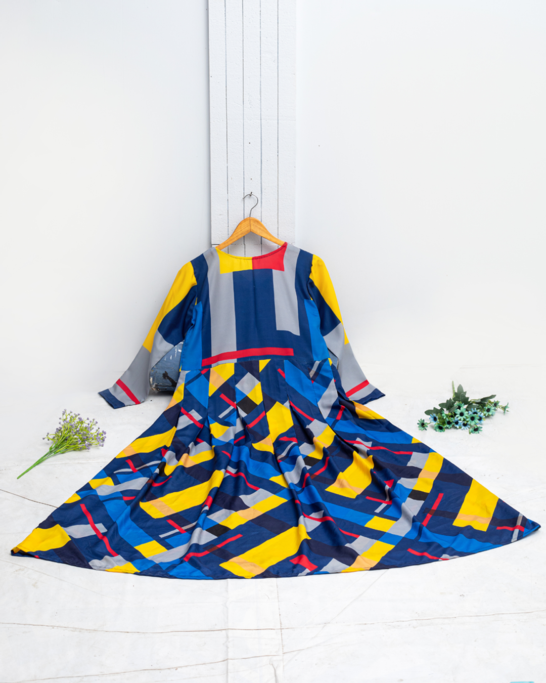 Bohemian V-neck Geometric Print Long Maxi Dress - Winter Collection by Qasim Yaqoob