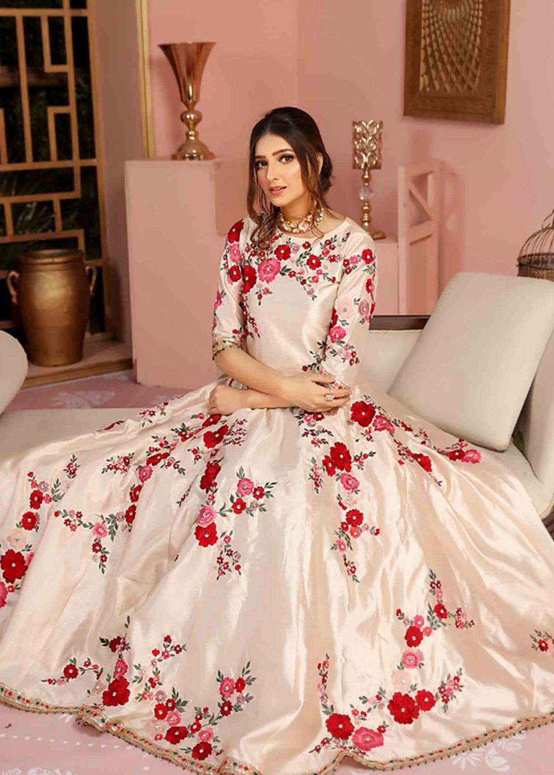 Flora - Beige & Red Lehnga Choli - Agha Hassan