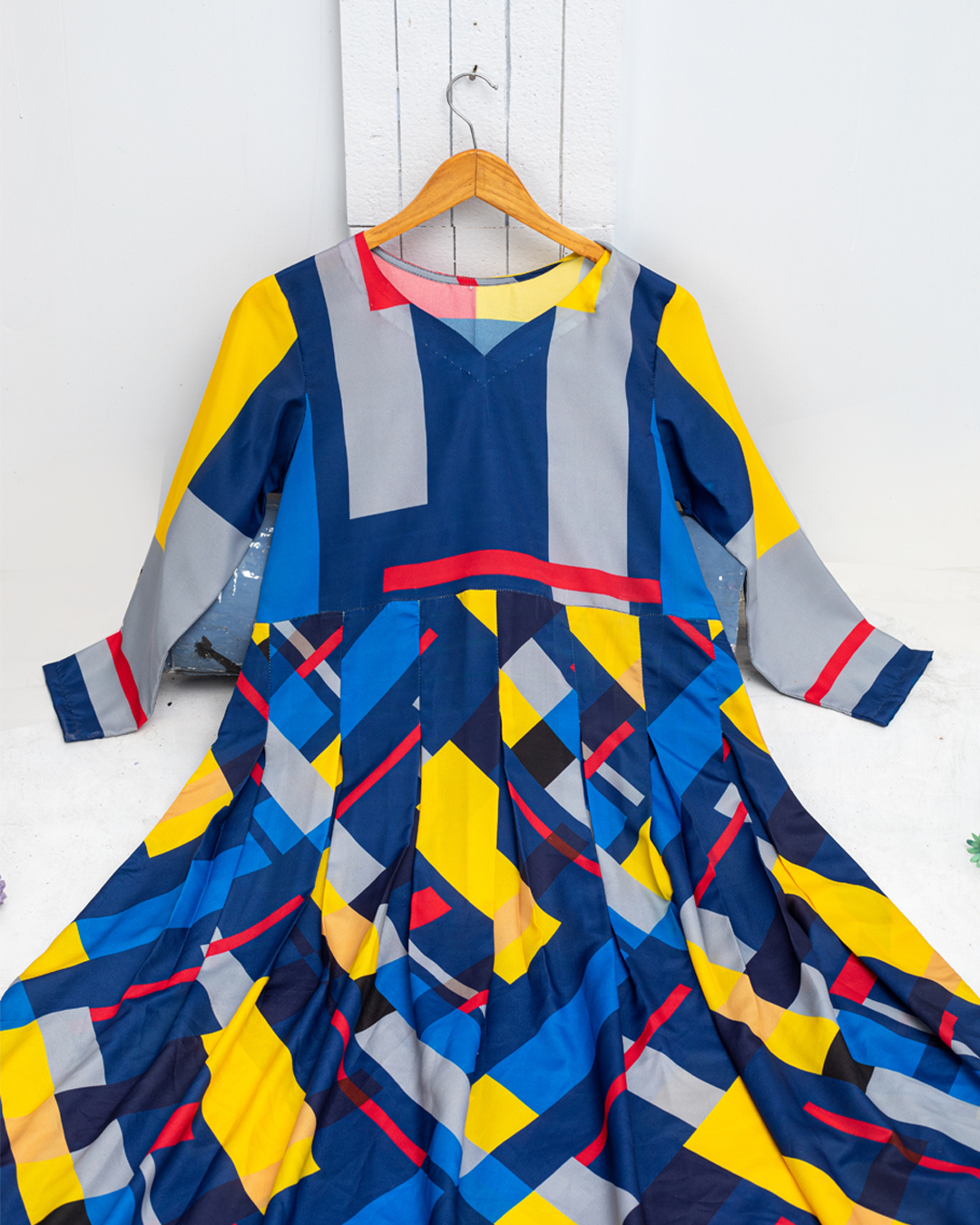 Bohemian V-neck Geometric Print Long Maxi Dress - Winter Collection by Qasim Yaqoob