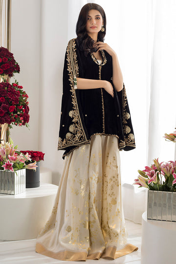 Black Velvet A-Line Short Jacket with Dhaka Pajama - Sania Maskatiya