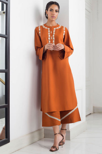 BURNT ORANGE KARANDI KURTA - Sania Maskatiya