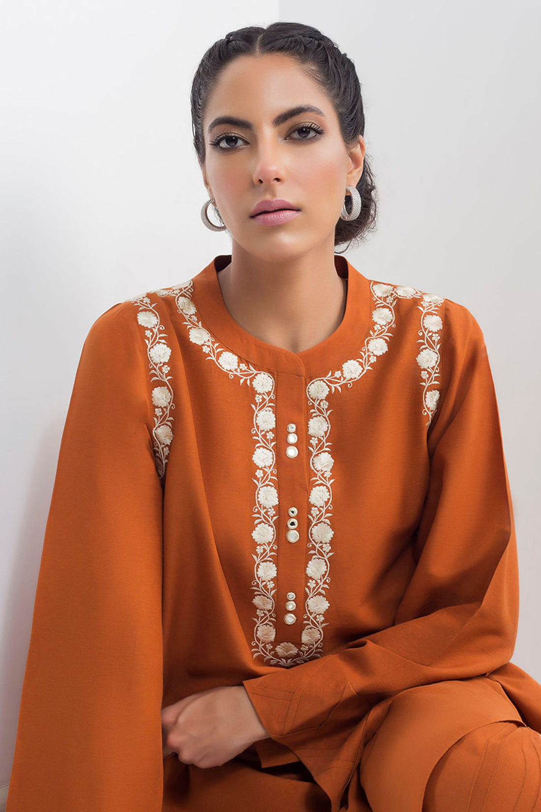 BURNT ORANGE KARANDI KURTA - Sania Maskatiya