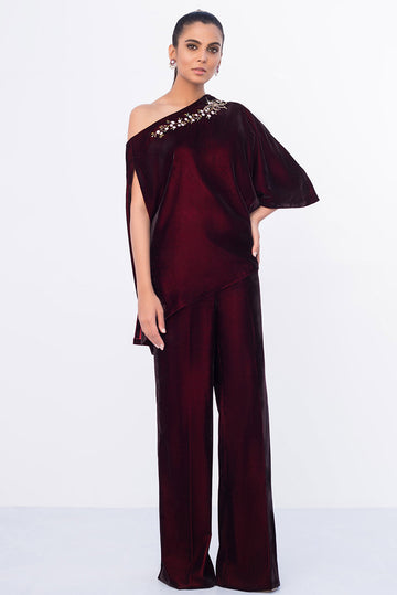 DEEP MAHOGANY VELVET OFF SHOULDER TOP - Sania Maskatiya