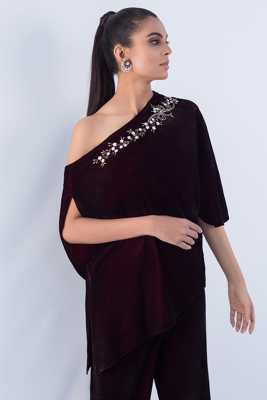 DEEP MAHOGANY VELVET OFF SHOULDER TOP - Sania Maskatiya