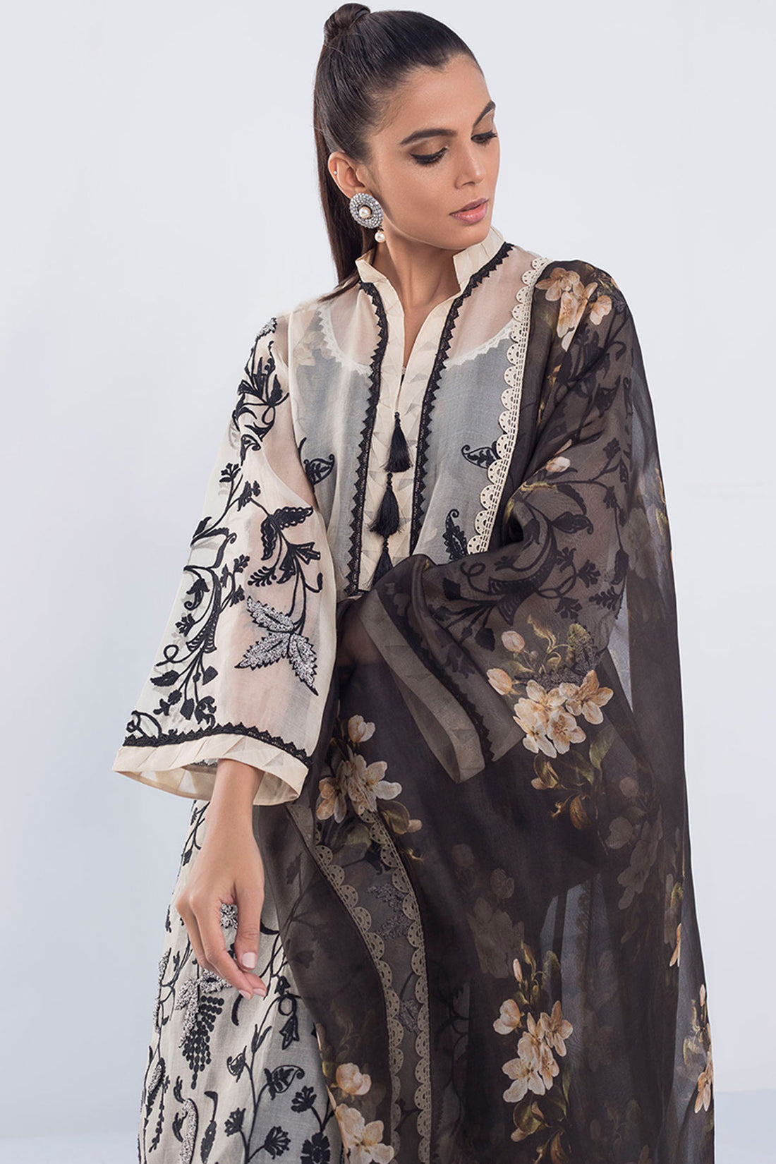 EMBROIDERED BEIGE ORGANZA KURTA - Sania Maskatiya