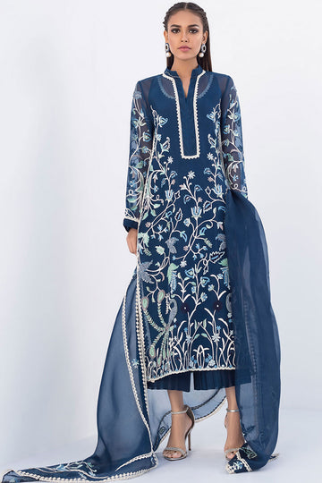 EMBROIDERED NAVY ORGANZA KURTA - Sania Maskatiya