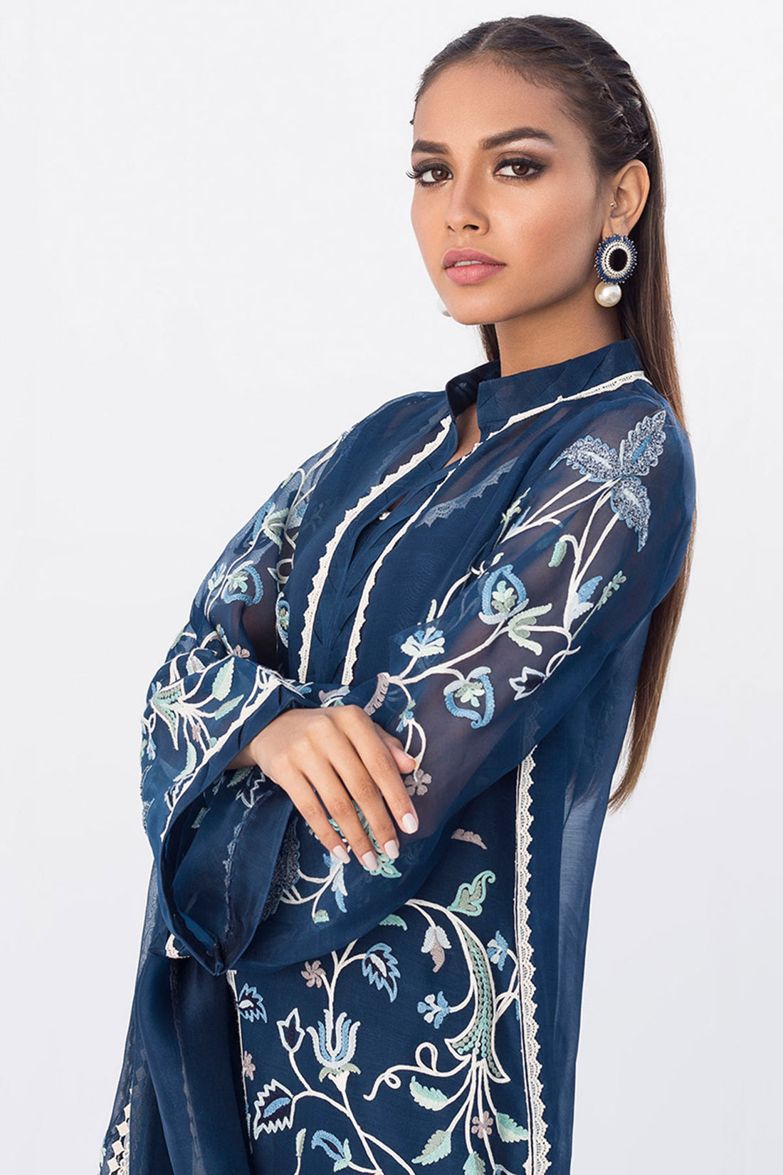 EMBROIDERED NAVY ORGANZA KURTA - Sania Maskatiya