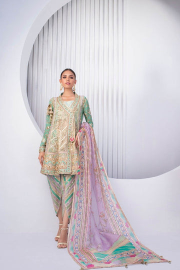 Pistachio Short Angarkha with Tulip Shalwar - Full Set - Sania Maskatiya