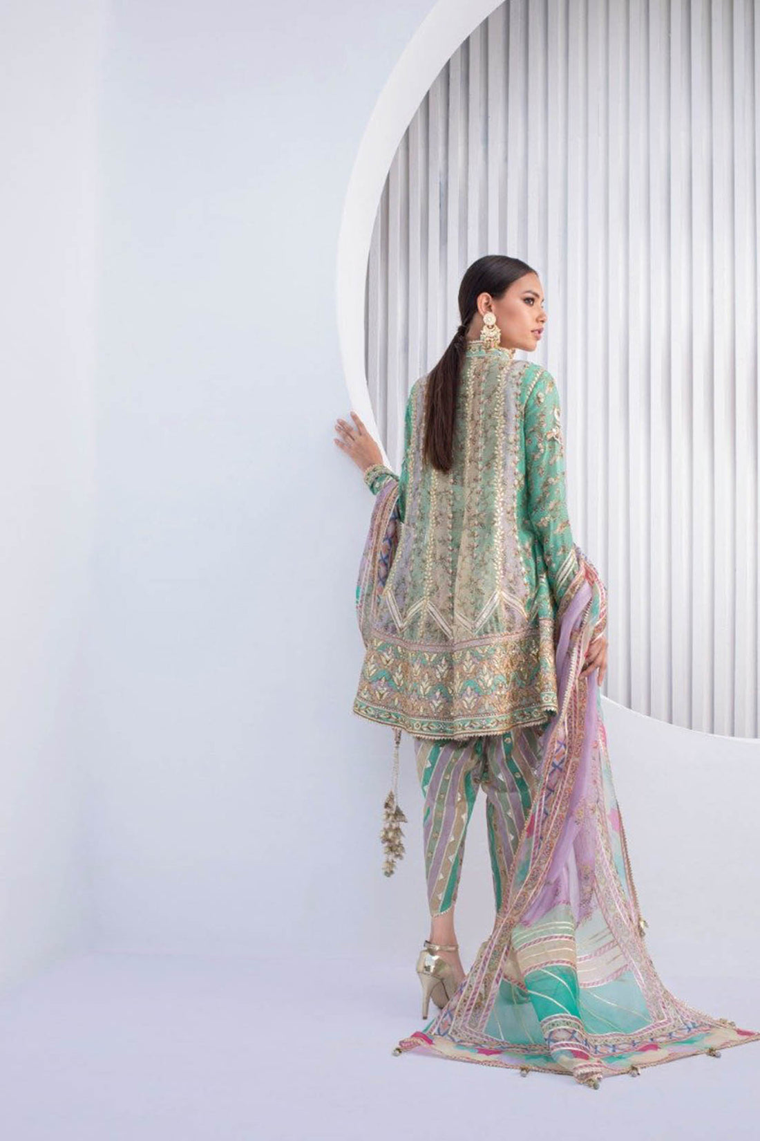 Pistachio Short Angarkha with Tulip Shalwar - Full Set - Sania Maskatiya