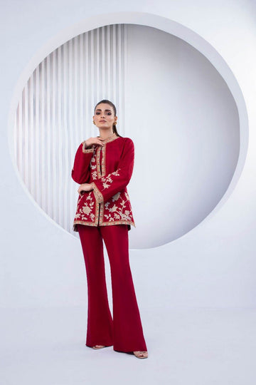 Wine Red Self Jamawar Jacket - Sania Maskatiya