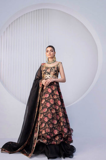 Printed Ebony Khaddi Silk Peshwas - Sania Maskatiya