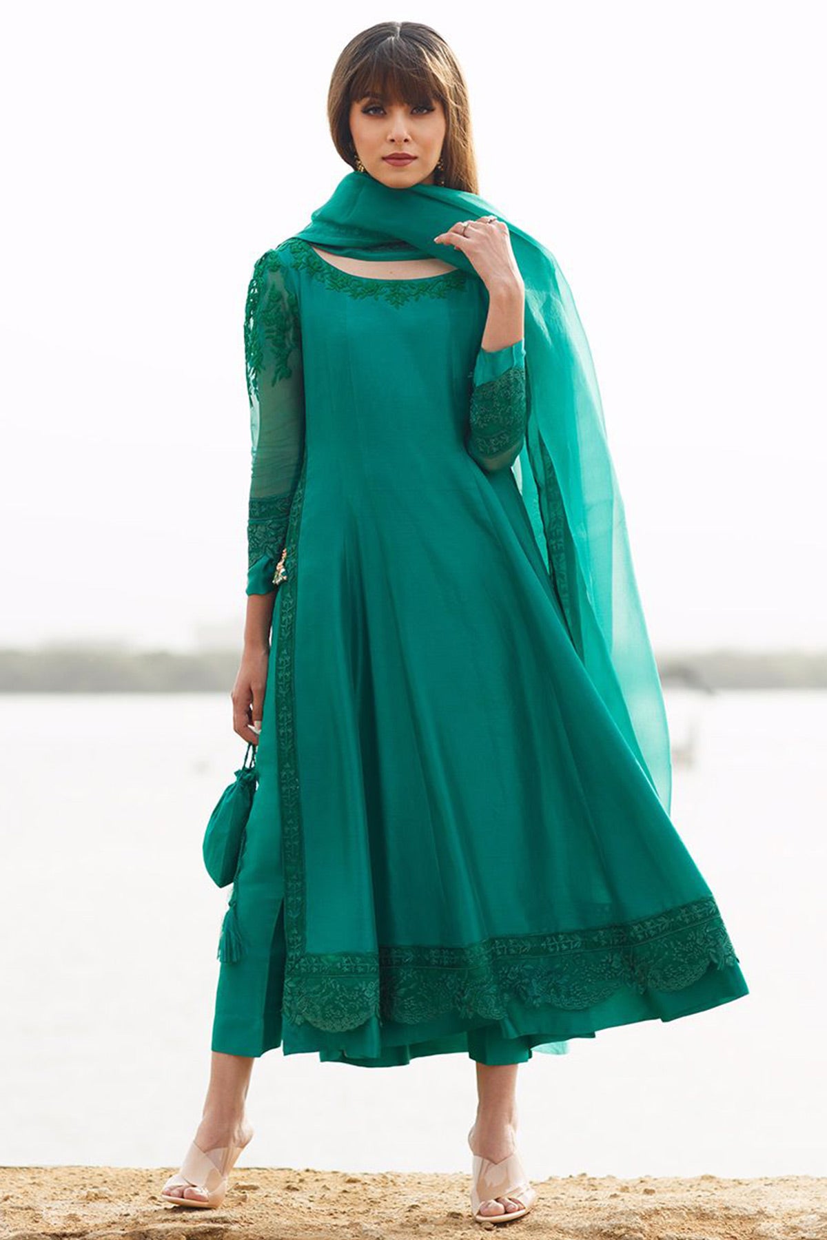 Emerald silk Kalidaar with pure organza embroidered dupatta - Farah Talib Aziz