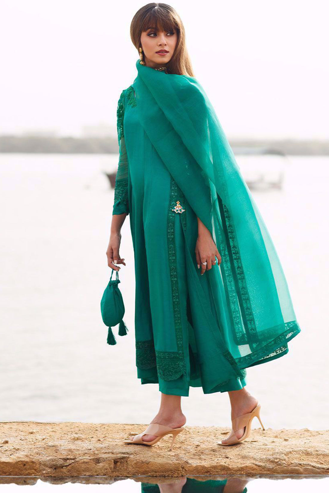 Emerald silk Kalidaar with pure organza embroidered dupatta - Farah Talib Aziz