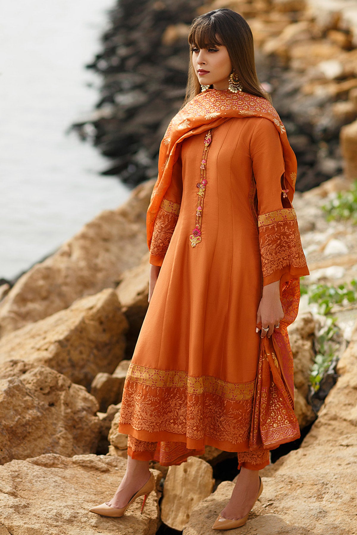 Madras Orange Panelled shirt with dupatta - Farah Talib Aziz