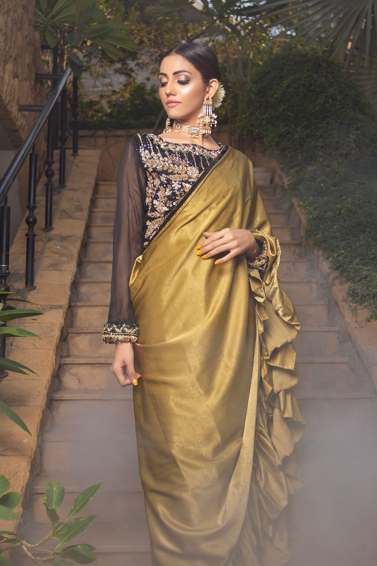 Gold Black Pleated Sari - Chic Ophicial