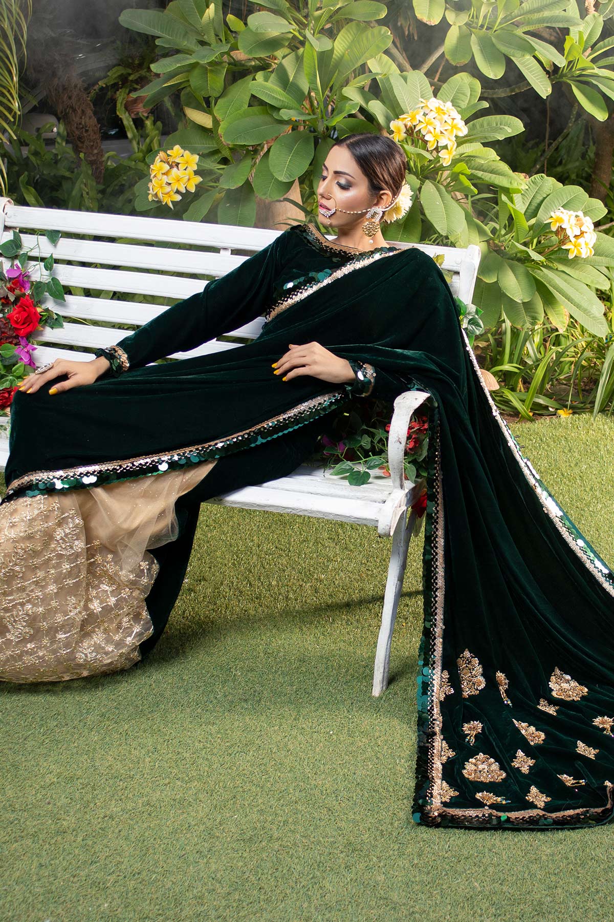 Green Velvet Sari - Chic Ophicial