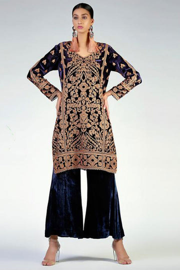 HEAVY EMBROIDERED BLUE VELVET SHIRT - Rizwan Beyg