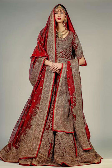 MAROON MEMONI LEHENGA, CHOLI AND DUPATTA - Rizwan Beyg