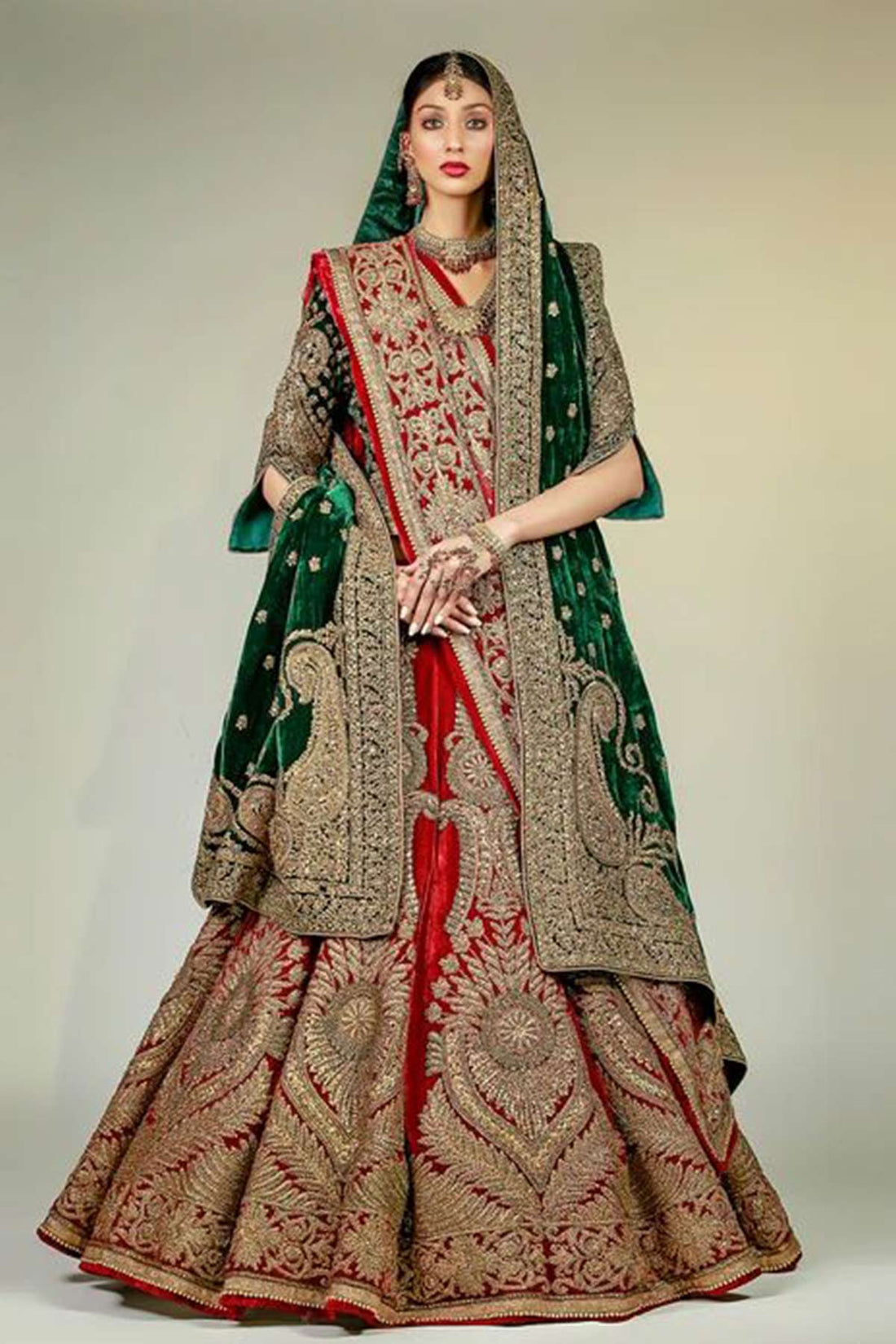 MEMONI NAQUSHI MAROON LEHANGA WITH GREEN MARORI CHOLI & SHAWL - Rizwan Beyg