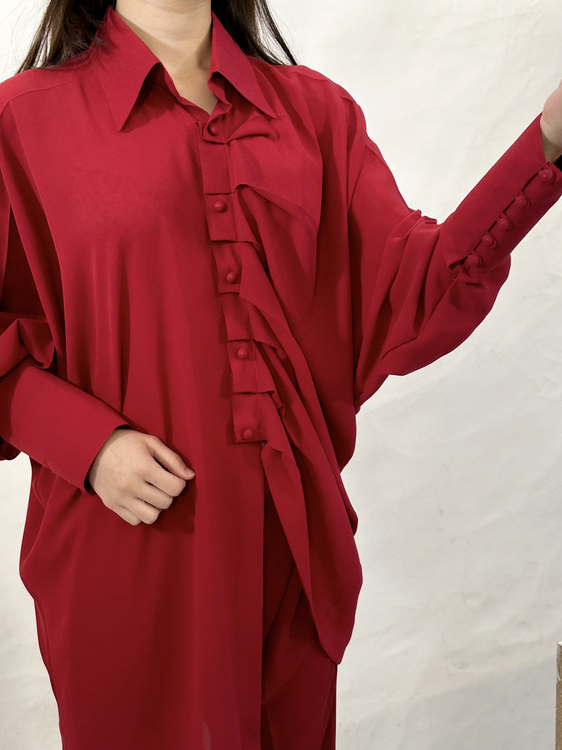 Pleated Button-Up Red Set