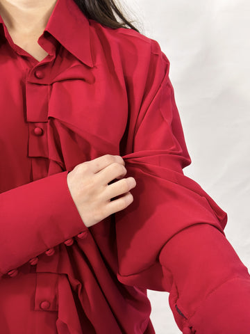 Pleated Button-Up Red Set