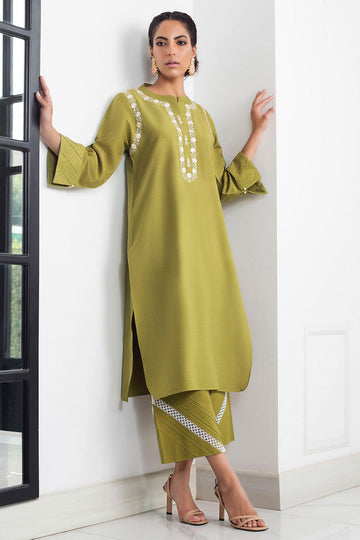 OLIVE GREEN KARANDI KURTA - Sania Maskatiya