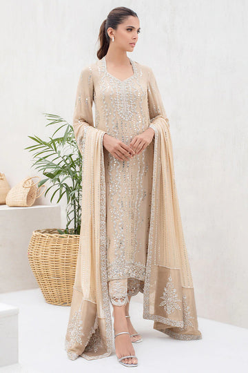 Honey Beige Georgette Long Shirt With Kamdani And Tissue Dupatta - Sania Maskatiya