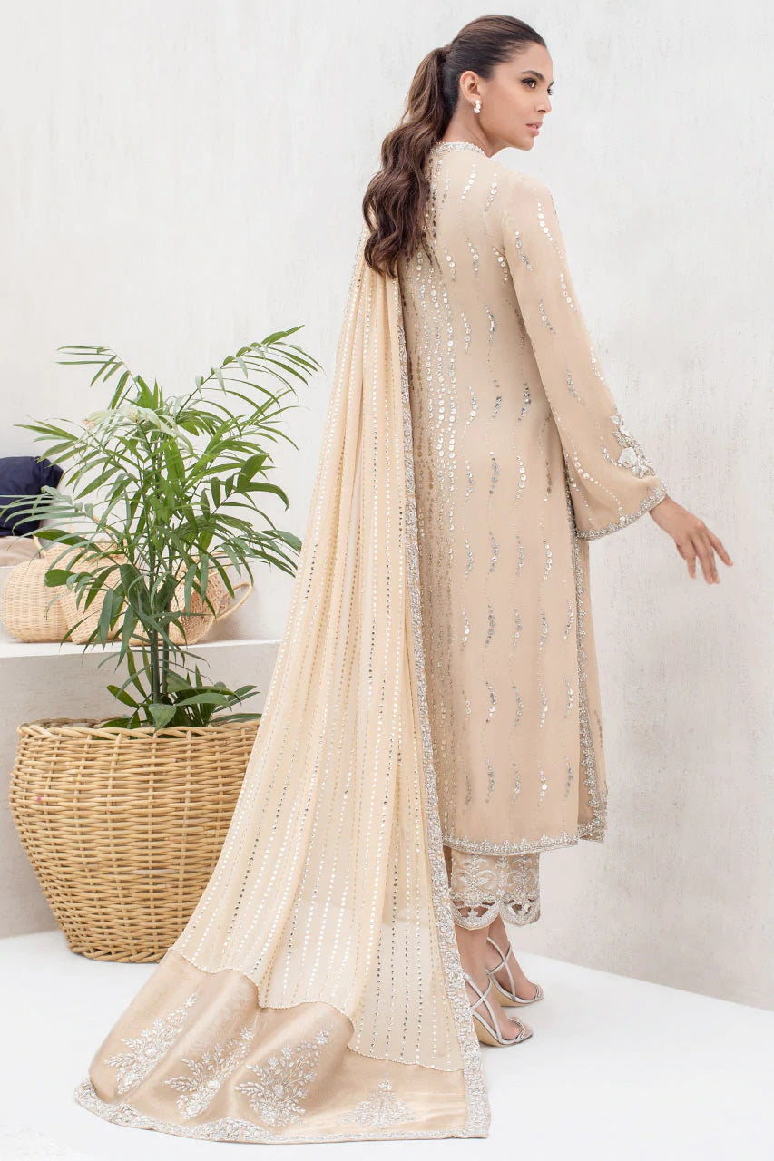 Honey Beige Georgette Long Shirt With Kamdani And Tissue Dupatta - Sania Maskatiya