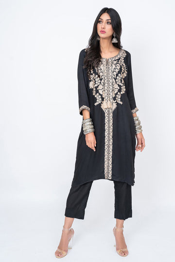 PETRIA BLACK WITH CHAMPAGNE ZARI EMBROIDERY TOP - Rizwan Beyg