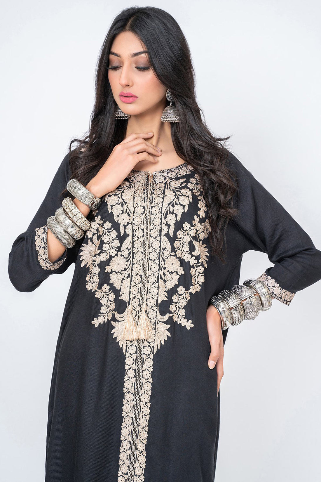 PETRIA BLACK WITH CHAMPAGNE ZARI EMBROIDERY TOP - Rizwan Beyg