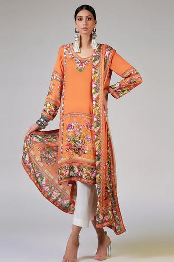 RENAISSANCE GARLANDS ON PRINTED ORANGE SHIRT & DUPATTA - Rizwan Beyg