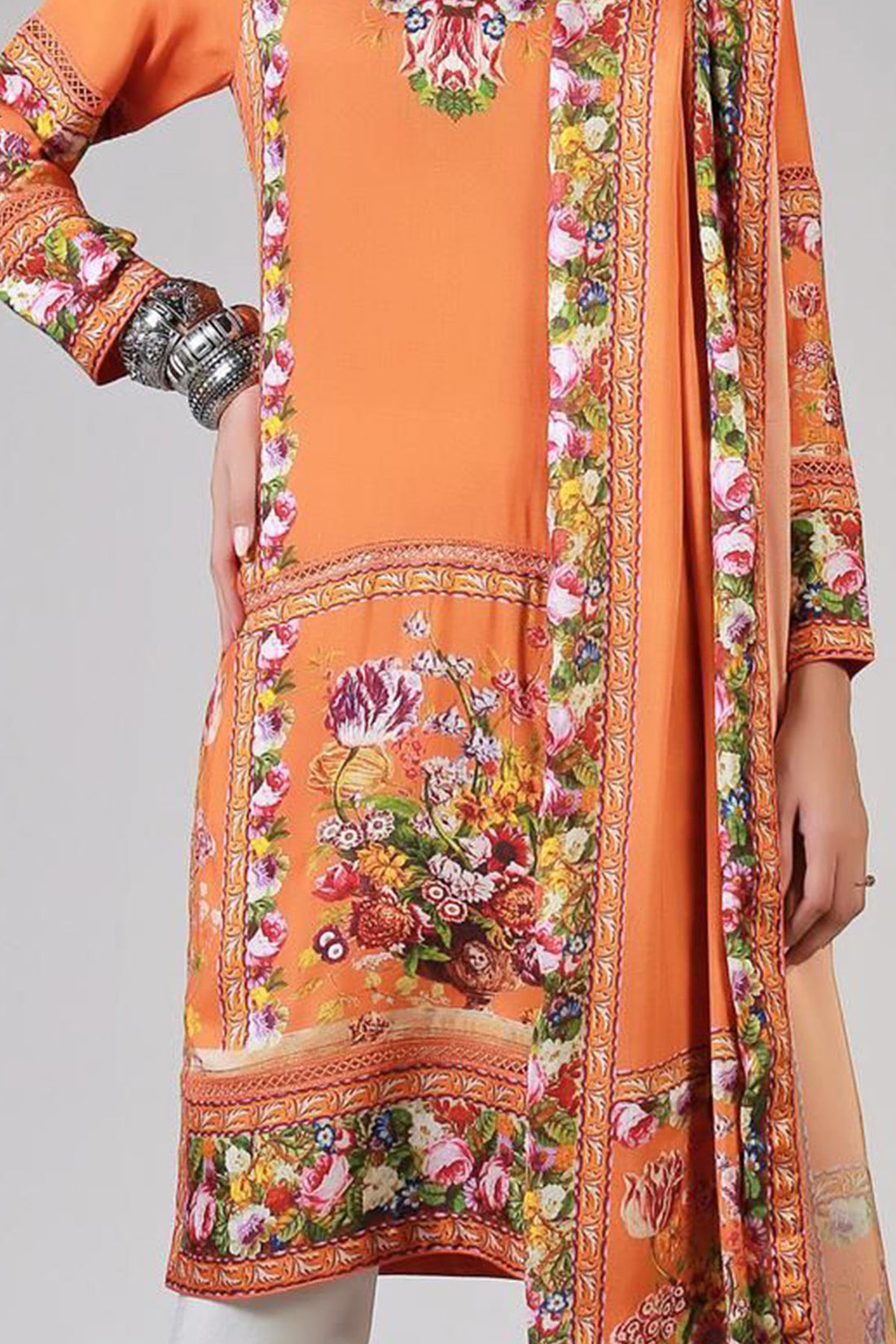 RENAISSANCE GARLANDS ON PRINTED ORANGE SHIRT & DUPATTA - Rizwan Beyg