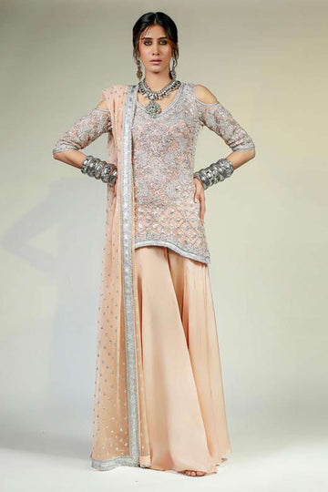 SALMON PINK COLD SHOULDER TOP WITH DHAKA PYJAMA AND DUPATTA - Rizwan Beyg