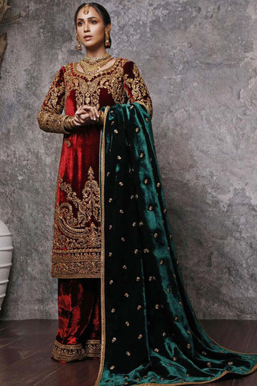 SHAHBANO GOLD DORI EMBROIDERED RED VELVET LONG SHIRT & SHAWL - Rizwan Beyg