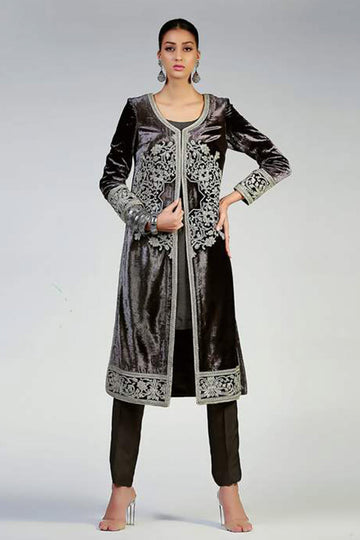 SILVER MANDALA ON CHARCOAL GREY VELVET COAT - Rizwan Beyg