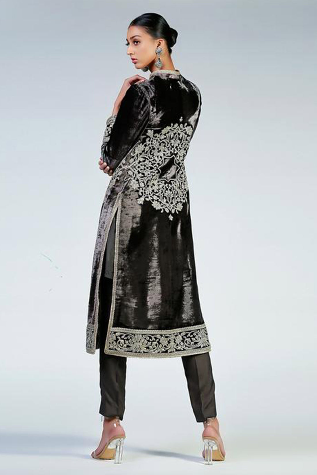 SILVER MANDALA ON CHARCOAL GREY VELVET COAT - Rizwan Beyg