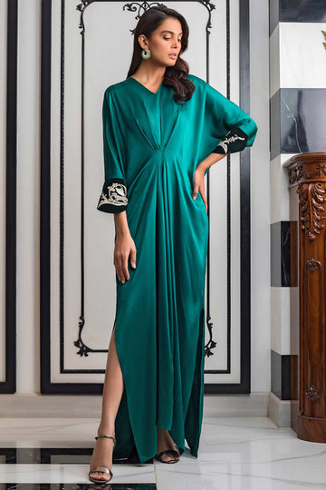 TEAL CHARMEUSE KAFTAN - Sania Maskatiya